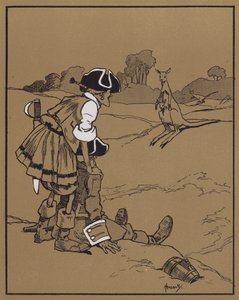 Opdagelsen af kænguruen (farve litho) af John Hassall