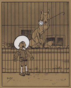 "Besøgende, der stikker hænderne gennem skinnerne, rådes til at se, at de får dem tilbage" (farve litho) af John Hassall