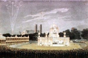 Fyrværkeri afholdt i Green Park for at fejre Napoleons nederlag, indgraveret af Matthew Dubourg pub. 1814 (gravering)