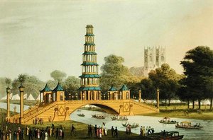 Den kinesiske bro og pagode, rejst i parken til minde om den glorværdige fred i 1814, indgraveret af Matthew Dubourg (fl.1785-20)