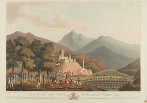 En udsigt over byen Briar, Valencia, indgraveret af Dubourg, 1814 (farvet akvatint)