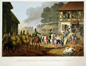 Franske tropper på tilbagetog gennem og plyndring af en landsby, graveret af Matthew Dubourg (fl.1813-20) fra "Historic, Military and Naval Anecdotes", udgivet af Edward Orme (1774-c.1820) 1816 (akvaratint) af John Heaviside Clark