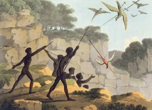 Kastende spyd, aboriginere på fuglejagt i New South Wales, graveret af Matthew Dubourg (f.1813-1820) pub. 1813