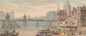 Basel, Bridge Center, kajen, med figurer og forsendelsesret, med katedralen, der rejser sig bag bygninger