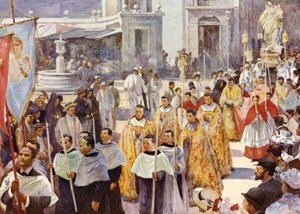 En romersk-katolsk procession (farve litho)