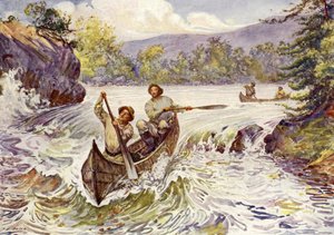 Canadiere skyder strømfald i kanoer (farve litho)