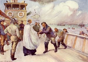 Fiskere fra Nordsøens fiskerflåde samles til gudstjeneste (farve litho) af John Henry Frederick (after) Bacon