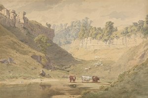 Kvæg ved et vandhul i en dal, 1830-86. af John Henry Mole