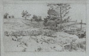 Landskab med stenmur (skitse af marker) af John Henry Twachtman