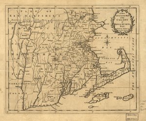 Et nyt og nøjagtigt kort over kolonien Massachusetts Bay i Nordamerika fra en sen opmåling. LOC 2001620337 af John Hinton