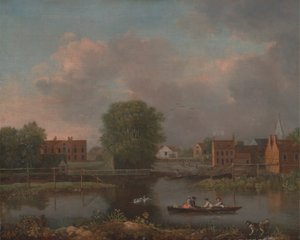 Et flodlandskab, muligvis en udsigt fra West End af Rochester Bridge af John Inigo Richards RA