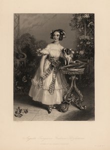 Augusta Georgina Frederica Fitzclarence, datter af Lord Frederic Fitzclarence, uægte søn af kong William IV. Hun bærer sit hår i ringlets og bånd, og bærer en off-the-shoulder kjole bundet med et skærv, holder en King Charles spaniel på en pude af John James (after) Chalon