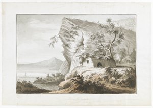 Kystudsigt i New Zealand, med indfødt hytte og en sejlende kano i bugten, fra 