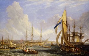 Maritim scene foran Plymouth (England) i august 1815. Olie på lærred af John James Chalon