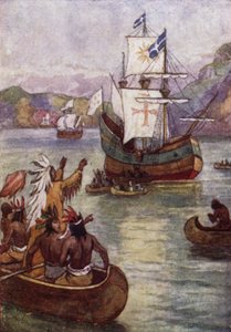 Den franske opdagelsesrejsende Jacques Cartiers skibe på St Lawrence-floden, Canada