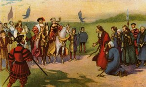 Kong Henry VIII og Catherine Howard ankommer til York efter Pilgrimage of Grace 1541 (chromolitho)