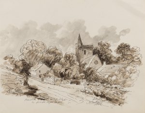 Kewstoke Church and Village, Weston Super Mare, Somerset, 1882 (pen, pensel og blæk på papir) af John Joseph Barker