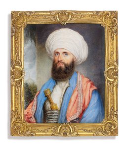 James Silk Buckingham (1786-1855), i hvid skjorte med en lyseblå frakke, lyserødt broderet sjal om skuldrene og en hvid turban med en dolk fastgjort til hans cummerbund, landskabsbaggrund med en moske af John Jukes