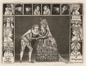 Mary Ann Yates og Laurence Clinch spiller hertugen og hertuginden af Braganza i Braganza omgivet af medlemmer af publikum. 1785 af John Kay