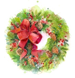 Julekrans med rød sløjfe, 2016, (akvarel) af John Keeling