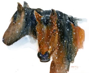 Heste om vinteren, 2015, (akvarel) af John Keeling