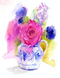 Rose og kornblomster i kande, 2017 (akvarel)