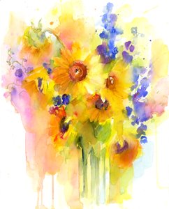 Solsikker og delphinium, 2016, (akvarel)