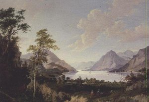 Landskab med sø og bjerge