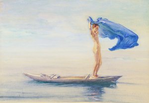 Pige i kanobuen breder sit lændeklæde ud for et sejl, Samoa, ca. 1895-96 (wc og gouache ombord)