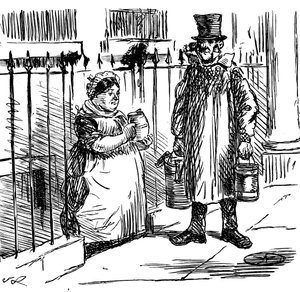 En tegneserie, der kommenterer, at mælkens udvanding nåede så store proportioner, at der måtte indføres lovgivning for at kontrollere det. Illustreret af John Leech (1817-1864), en engelsk karikaturtegner og illustrator af John Leech