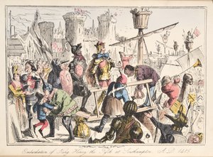 Indskibning af Henry V. i Southampton, AD 1415, fra The Comic History of England, pub. 1864 (håndfarvet radering) af John Leech