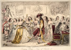 Evening Party - Time of Charles the Second, fra The Comic History of England, pub. 1864 (håndfarvet radering)