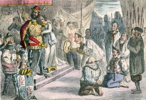 Dronning Philippa går i forbøn hos Edward III for de seks borgerskaber af Calais af John Leech