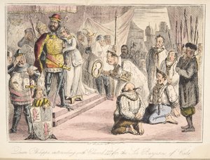 Dronning Philippa går i forbøn med Edward III, for de seks burgesser i Calais, fra The Comic History of England, pub. 1864 (håndfarvet radering)
