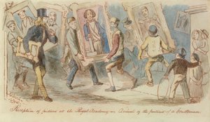 Modtagelse af billeder på Royal Academy - Arrival of the Portrait of a Gentleman, 1846 (pen & blæk og wc) af John Leech