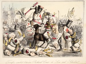 Fantastisk kamp mellem Richard Coeur de Lion og Saladin fra The Comic History of England, pub. 1864 (håndfarvet radering) af John Leech