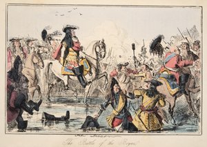 The Battle of the Boyne, fra The Comic History of England, pub. 1864 (håndfarvet radering) af John Leech