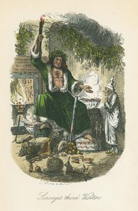Julegavens spøgelse dukker op for Joakim. Illustration af John Leech (1817-64) til Charles Dickens A Christmas Carol, London 1843-1834.