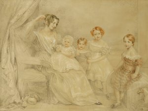 Portræt af fru W.S. Fry og hendes fire børn: Emma, Willy, Julie og Georgina, siddende i et interiør, 1840 af John Linnell