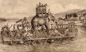 Hannibal krydser floden Rhone (litografi) af John Macfarlane
