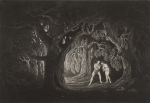 Adam hører den Almægtiges stemme, ca. 1827 (mezzotint) af John Martin