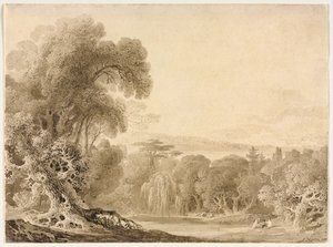 Figurer siddende ved en sø i et skovklædt landskab af John Martin