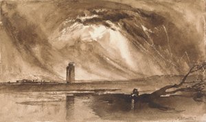 Landskab med tårn og storm der nærmer sig af John Martin
