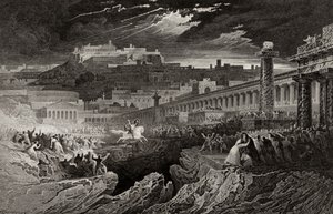 Marcus Curtius rider ind i kløften, indgraveret af H. Le Keux af John Martin