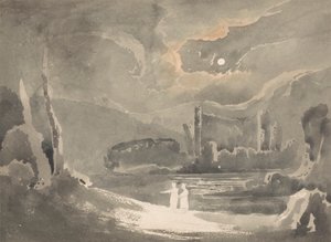 Månebelyst landskab med et ødelagt slot af John Martin