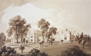 Udsigt over Farm House med skærm til stalde og landbrugsbygninger til Sezincote House, indgraveret af Frederick Christian Lewis Snr. (1779-1856), ca. 1817-18 (sepiaakvatint) af John Martin