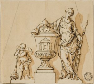 Design til et begravelsesmonument med skæbne, putto og urne af John Michael Rysbrack