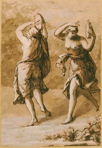Two Maenads, A Study (brun vask med hvide highlights og brunt blæk på papir) af John Michael Rysbrack