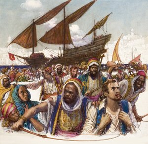 Fanger af arabere føres i lænker fra havnen, med dhow i baggrunden