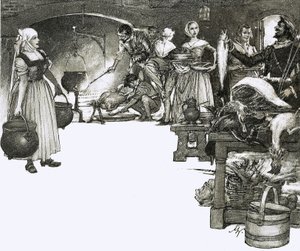 Madlavning over åben ild i et elizabethansk køkken